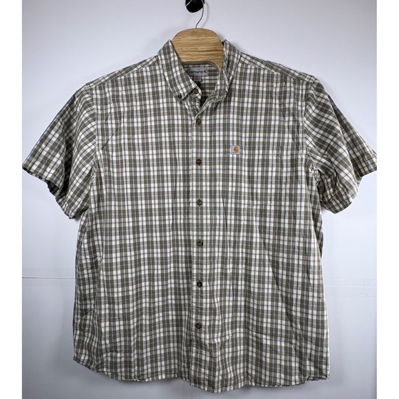 Carhartt Men's Tan‎ & Blue Plaid Short Sleeve Relaxed Fit Button Down Sz 2XL - Picture 2 of 9
